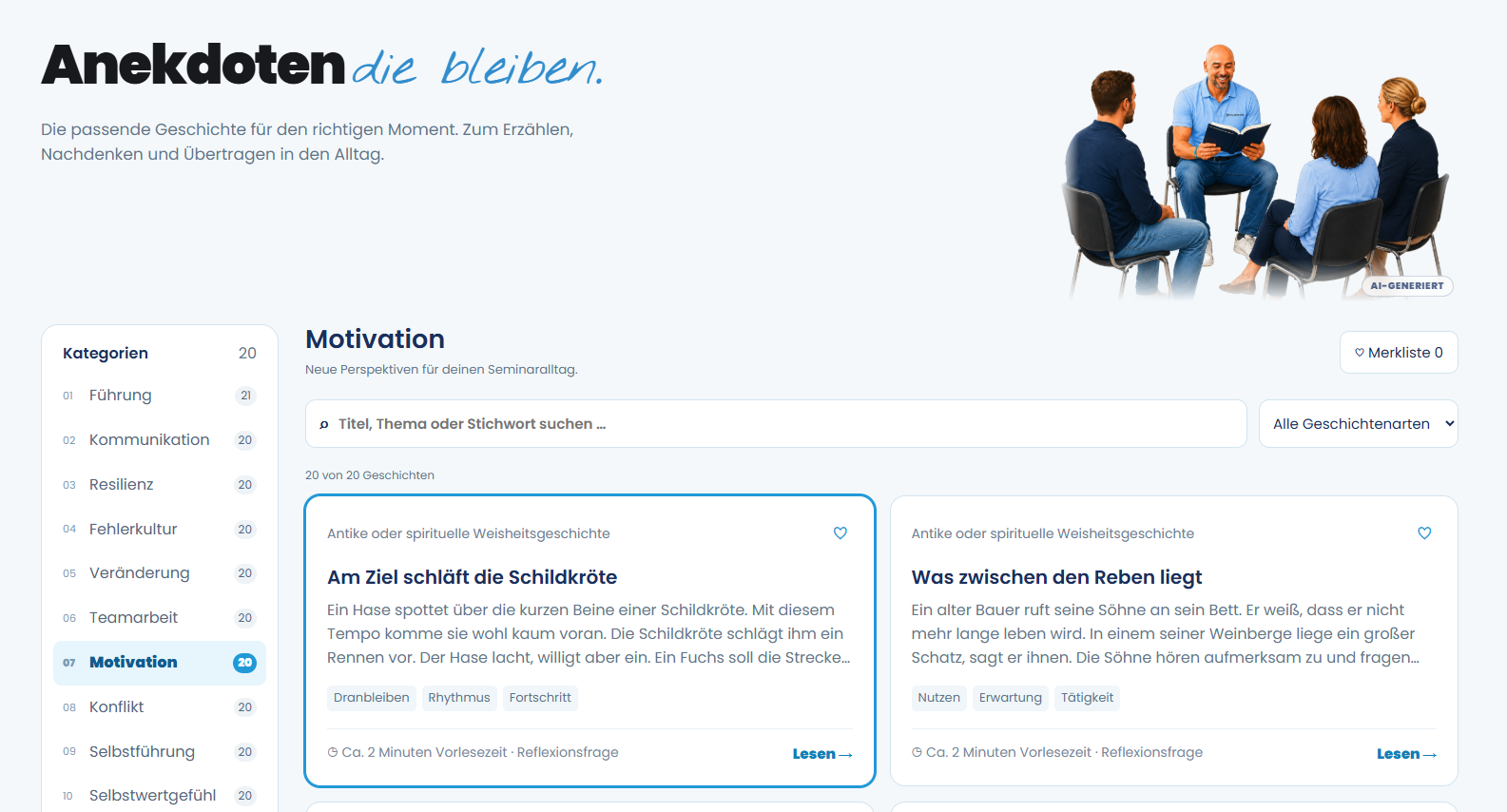 Anekdoten-Guide mit Kategorien, Suchfunktion und Geschichten zur Motivation