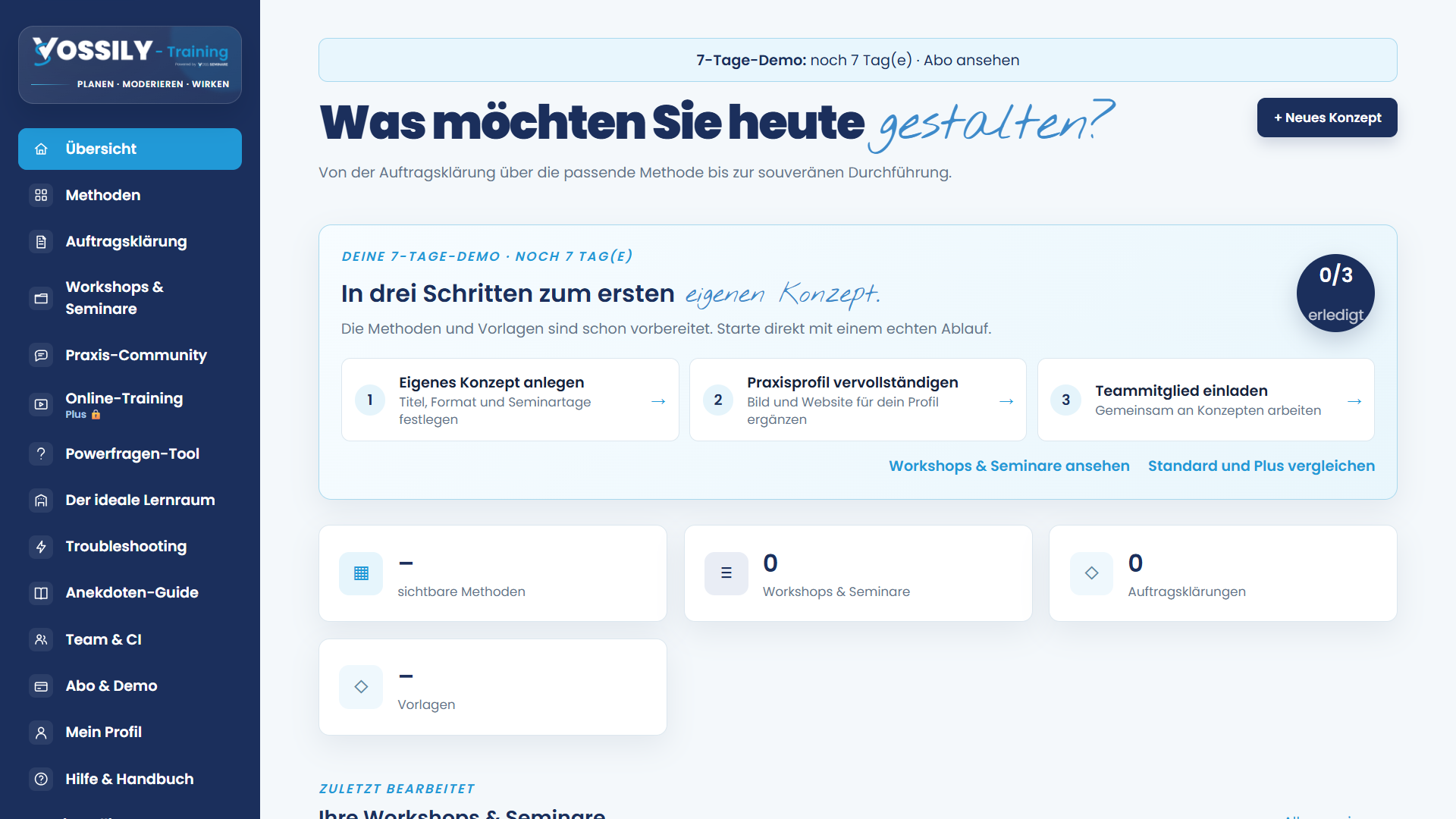 Beispielansicht des neuen Testzugangs: Portalübersicht mit Navigation links und den ersten Schritten zur Seminarplanung